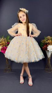 Kelebek Desen Tüllü Kol Kız Çocuk Tokalı Özel Gün Abiyesi MNK0391 thumbnail 2