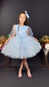 Kelebek Desen Tüllü Kol Kız Çocuk Tokalı Özel Gün Abiyesi MNK0391 thumbnail 3