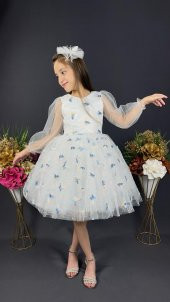 Kelebek Desen Tüllü Kol Kız Çocuk Tokalı Özel Gün Abiyesi MNK0391 thumbnail 4