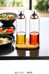 Rossel Premium Bambu Standlı Damlatmaz Borosilikat 2li Cam Yağlık 500ml Bakır - 2