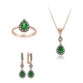 Gümüş Yeşil Taşlı Damla Bayan Set  SL2254 - 1