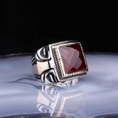 Gümüş Kare Fasetli Bordo Taşlı Erkek Yüzük SL3657 thumbnail 1