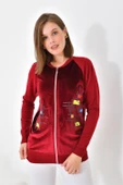 FTZ Women Kadın Kadife Detaylı Fermuarlı Hırka  Bordo 20485 - 3