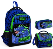 Coral High Erkek Çocuk Mavi Yeşil Dragon Üçlü İlkokul Okul Çanta Seti - 1
