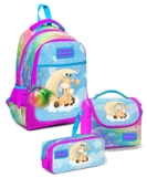 Coral High Kız Üç Bölmeli Okul Sırt Çantası Beslenme Çantası ve Kalemlik Seti Mavi Pembe Zürafa thumbnail 1