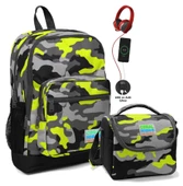 Coral High Okul Çantası ve Beslenme Çantası Seti - Erkek Çocuk Yeşil Kamuflaj - USB Soketli thumbnail 1