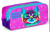 Coral High Kids İki Bölmeli Kız Çocuk Mor Kedi Kalem Çantası Kalemlik - 1