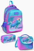 Coral High Kids Açık Pembe Mavi Kaplumbağa Desenli 3'lü Okul Çanta Seti - Kız Çocuk thumbnail 1