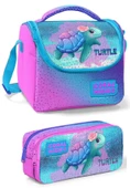Coral High Kız Üç Bölmeli Okul Sırt Çantası Beslenme Çantası ve Kalemlik Seti Pembe Mavi Kaplumbağa thumbnail 4