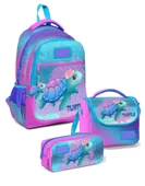Coral High Kız Üç Bölmeli Okul Sırt Çantası Beslenme Çantası ve Kalemlik Seti Pembe Mavi Kaplumbağa thumbnail 1