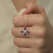 Gümüş Rose Mor Taşlı Umut Çiçeği Kolye SL4314 thumbnail 7