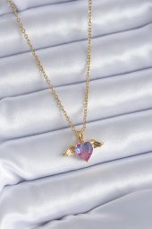 316L Çelik Gold Renk Kristal Kanatlı Kalp Model Kadın Kolye thumbnail 1