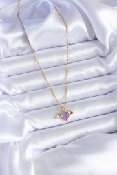 316L Çelik Gold Renk Kristal Kanatlı Kalp Model Kadın Kolye thumbnail 2