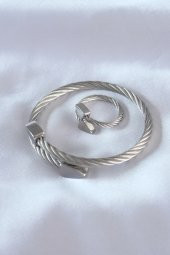 Çelik Gümüş Renk Burgu Model Erkek Bileklik Yüzük Seti thumbnail 1