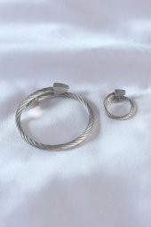 Çelik Gümüş Renk Burgu Model Erkek Bileklik Yüzük Seti thumbnail 2