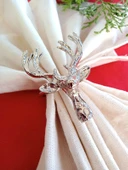 6 Adet Lux Gümüş Geyikli Peçete Halkası - Napkin Ring - Yılbaşı Süsü - 1