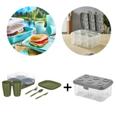 Piev Urve 6 Kişilik Kamp Seyahat Piknik Seti ve Çay Bardak Taşıma Aparatı Kabı 2 si 1 Arada Yeşil - 1