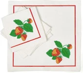 İthal Keten Çilek Nakışlı 4'lü Kumaş Peçete ve runner - 3