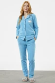 Gömlek Yaka Düğmeli Polar Pijama Takım - Mavi - 1