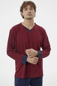 V Yaka Rahat Kalıp Pijama Takım - Bordo - 4
