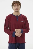 Patlı Çift Renk Düğmeli Pijama Takımı - Bordo - 2