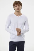 Basic Uzun Kol V Yaka Tişört - Beyaz - 1
