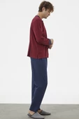 Patlı Çift Renk Düğmeli Pijama Takımı - Bordo - 3