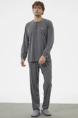 Patlı Çift Renk Düğmeli Pijama Takımı - Antrasit - 1