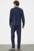 Patlı Çift Renk Düğmeli Pijama Takımı - Lacivert thumbnail 5
