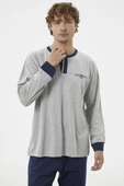 Patlı Çift Renk Düğmeli Pijama Takımı - Gri - 4