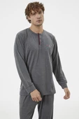 Patlı Çift Renk Düğmeli Pijama Takımı - Antrasit - 4