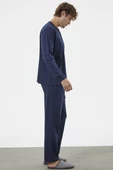 Patlı Çift Renk Düğmeli Pijama Takımı - Lacivert thumbnail 4