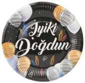 TABAK KARTON İYİKİ DOĞDUN BALONLU SİYAH 23 CM 8 ADET thumbnail 3