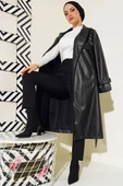 Tek Düğmeli Kuşaklı Deri Trençkot Siyah thumbnail 1