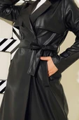 Tek Düğmeli Kuşaklı Deri Trençkot Siyah thumbnail 4