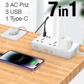 Coofbe Hc Seri Multifonksiyonel 2500W Priz Çoğaltıcı Şarj Aleti 3 USB 30W Type-C Girişli Şarj Stand - 9