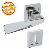 Penta Nikel Saten Kare Rozetli Oda Kapı Kolu (1 TAKIM: 2 Adet Kol + 2 Adet Rozet + Bağlantı Demiri) - 1