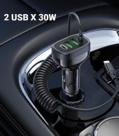 Polham HC Seri 150CM 30W 2x USB,1x Type-C Girişli iPhone Lightning Kablolu Araç Çakmaklık Şarj Aleti - 3