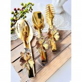 3Lü Gold Kelebekli Lüx Servis Maşa Seti Titanyum Kaplama - 1