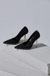 Tina Gold Zımbalı Siyah Süet Stiletto - 1
