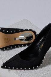 Tina Gold Zımbalı Siyah Süet Stiletto - 3