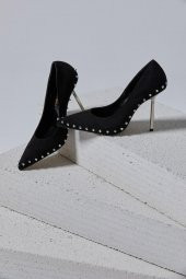 Tina Gold Zımbalı Siyah Süet Stiletto - 5