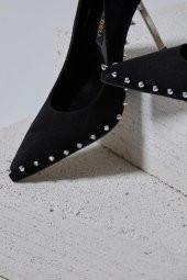 Tina Gold Zımbalı Siyah Süet Stiletto - 6