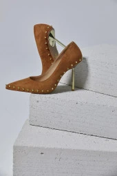 Tina Süet Gold Zımbalı Taba Renk Stiletto - 2