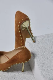 Tina Süet Gold Zımbalı Taba Renk Stiletto - 3