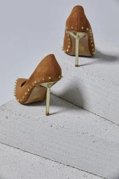 Tina Süet Gold Zımbalı Taba Renk Stiletto - 4