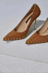 Tina Süet Gold Zımbalı Taba Renk Stiletto - 7