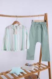 Babyhola Pamuk Bluz Keten Pantolon Kız Erkek Çocuk Salaş Takım Beyaz Mint 1200 thumbnail 1