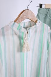 Babyhola Pamuk Bluz Keten Pantolon Kız Erkek Çocuk Salaş Takım Beyaz Mint 1200 thumbnail 3