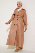 Düğmeli Kuşaklı Deri Trençkot Latte thumbnail 1
